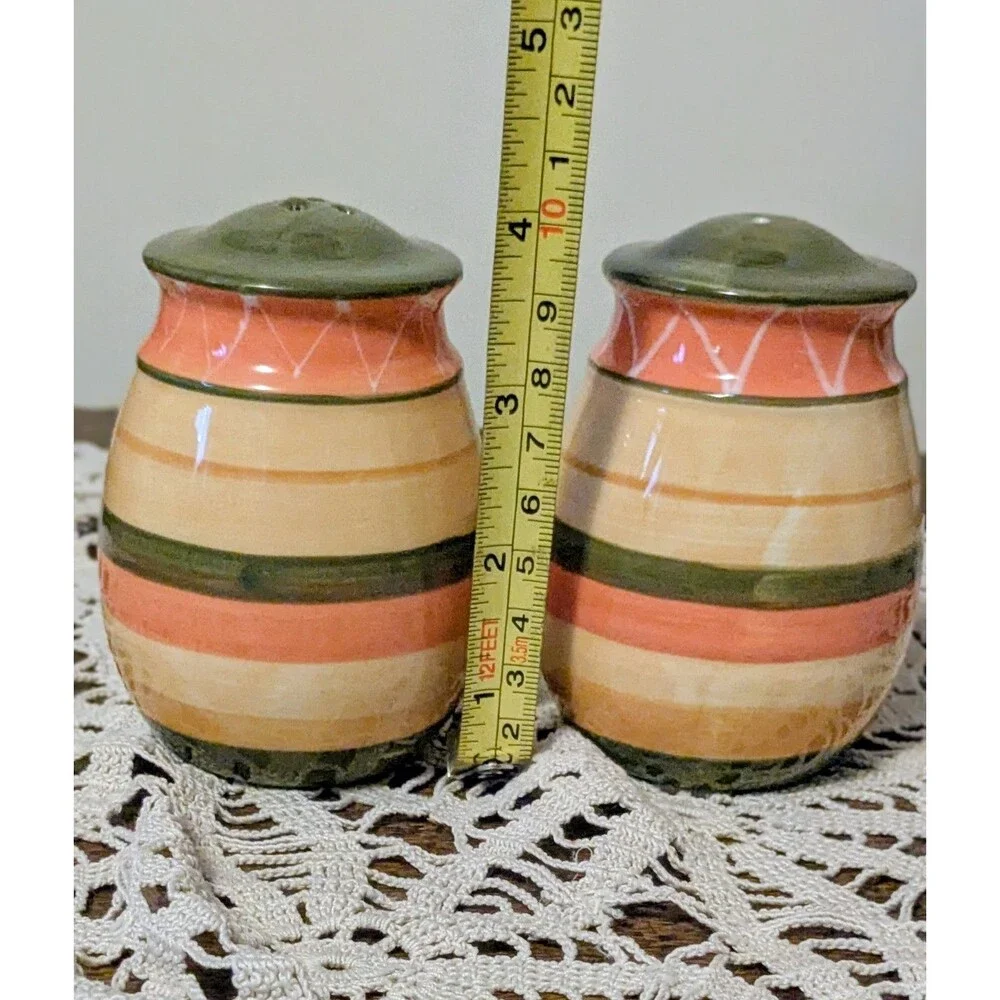 Vintage Striped Salt and Pepper Shakers Hand Painted Ceramic Orange Green Retro